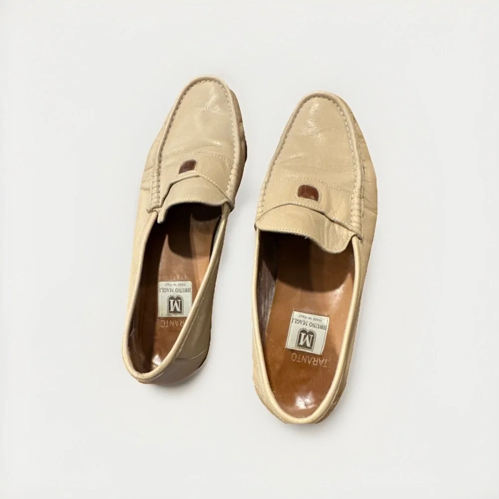 VINTAGE‎ Bruno Magli  Beige Leather Stitching Square Toe Men's Loafers 9.5 M